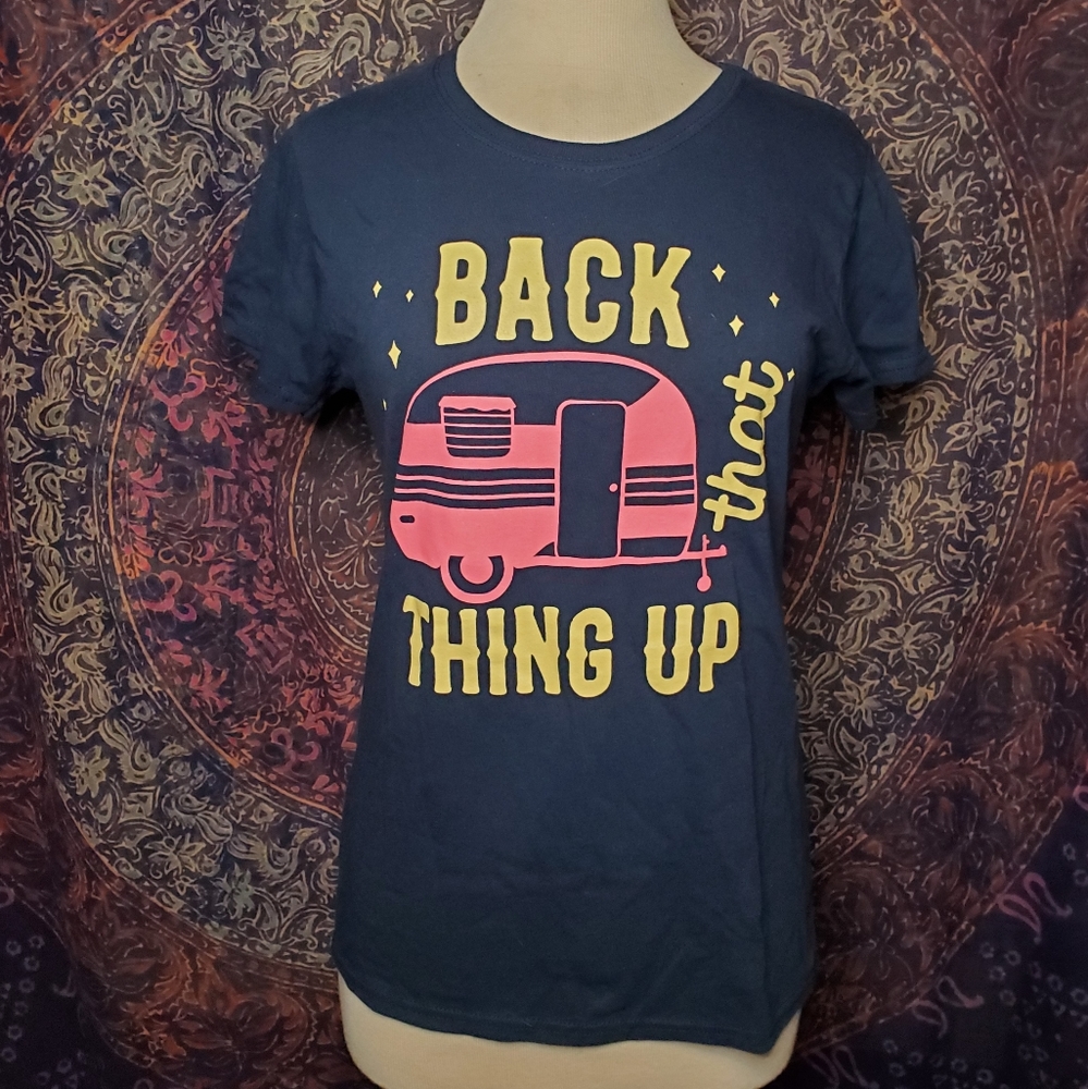 NWT Farm Fed Clothing Dark Blue Funny Camper Cotton Short Sleeve Tee Womens M